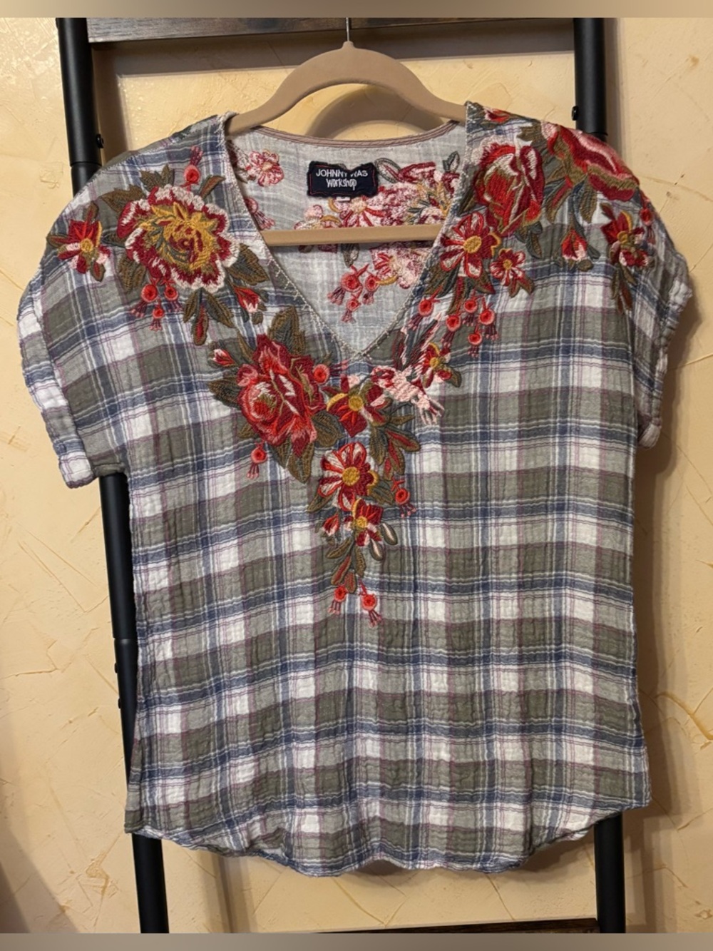 Johnny Was Size S Olive Plaid V-Neck Top with Red Floral Embroidery